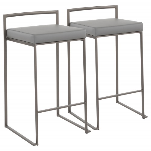 Fuji Stacker Counter Stool (Antique Metal + Grey Faux Leather) - Set of 2